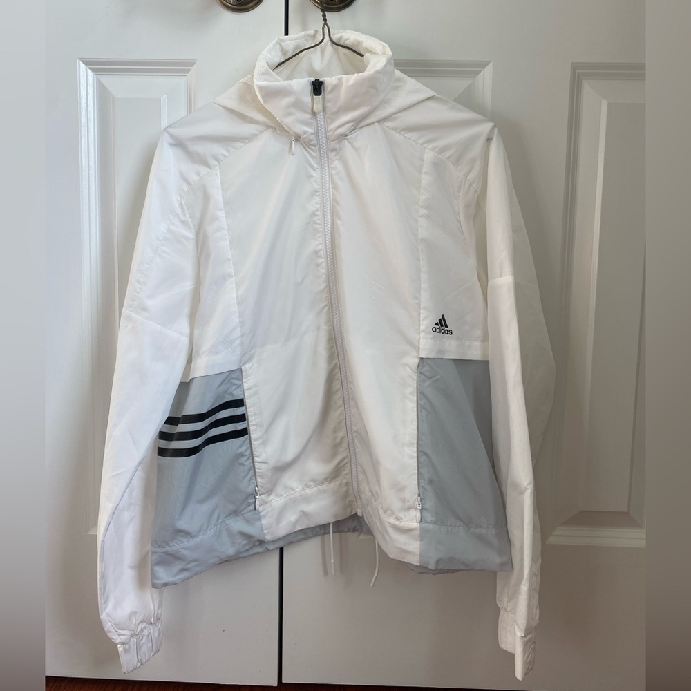 Adidas Women’s Windbreaker/ Warm Up Jacket, Size S, White and Grey with Hood